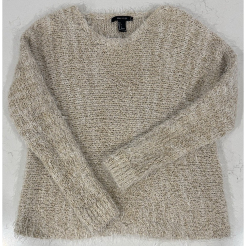Forever 21 Women's Beige Fuzzy Knit Sweater Size S Crew Neck‎ Pullover Soft